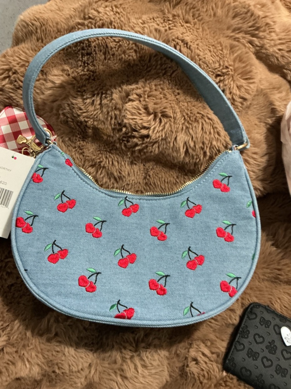 Betsey Johnson Blue Jean Cherries Embroidered Shoulder Bag - Picture 4 of 10